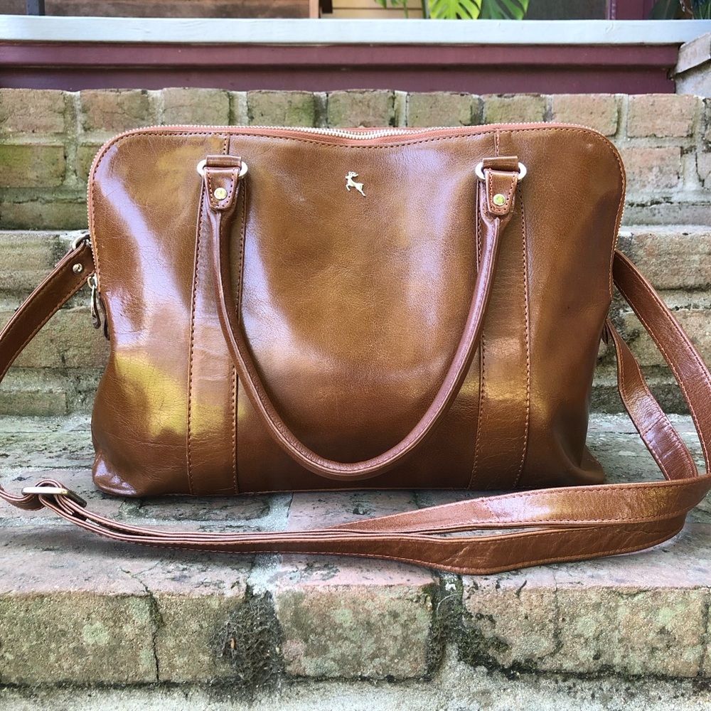 Ashwood Brown Leather Satchel Three Compartment Crossbody Strap Tote